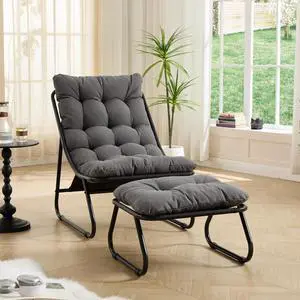 Outdoor Patio Chair with Foot Stool, Corduroy Armless Accent Lounge Chair with Removable Puffy Cushion, Metal Frame and Footrest for Living Room, Bedroom, Reading Room, Grey Outdoor Patio Chair with Foot Stool, Corduroy Armless Accent Lounge Chair with Removable Puffy Cushion, Metal Frame and Footrest for Living Room, Bedroom, Reading Room, Grey