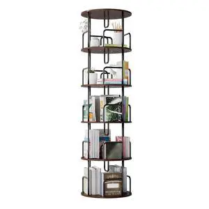 5 Tier Corner Bookshelf, 360° Rotating Metal Tall Bookcase wit Book Stopper, Space Saving Round Display Shelf Storage Tower, Plant Standing Organizer for Bedroom, Living Room, Small Space, Walnut 5 Tier Corner Bookshelf, 360° Rotating Metal Tall Bookcase wit Book Stopper, Space Saving Round Display Shelf Storage Tower, Plant Standing Organizer for Bedroom, Living Room, Small Space, Walnut