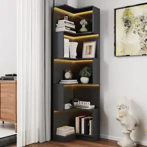 5 Tier Corner Bookshelf with LED Lights, L Shaped Wooden Book Shelves with Baffle, Round Edge Freestanding Tall Bookcase, Display Shelf Storage Stand for Living Room, Bedroom, Kitchen, Office, Black 5 Tier Corner Bookshelf with LED Lights, L Shaped Wooden Book Shelves with Baffle, Round Edge Freestanding Tall Bookcase, Display Shelf Storage Stand for Living Room, Bedroom, Kitchen, Office, Black