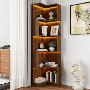 5 Tier Corner Bookshelf with LED Lights, L Shaped Wooden Book Shelves with Baffle, Round Edge Freestanding Tall Bookcase, Display Shelf Storage Stand for Living Room, Bedroom, Kitchen, Office, Walnut 5 Tier Corner Bookshelf with LED Lights, L Shaped Wooden Book Shelves with Baffle, Round Edge Freestanding Tall Bookcase, Display Shelf Storage Stand for Living Room, Bedroom, Kitchen, Office, Walnut