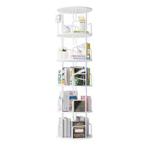 5 Tier Corner Bookshelf, 360° Rotating Metal Tall Bookcase wit Book Stopper, Space Saving Round Display Shelf Storage Tower, Plant Standing Organizer for Bedroom, Living Room, Small Space, White 5 Tier Corner Bookshelf, 360° Rotating Metal Tall Bookcase wit Book Stopper, Space Saving Round Display Shelf Storage Tower, Plant Standing Organizer for Bedroom, Living Room, Small Space, White