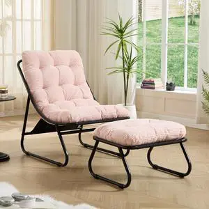 Outdoor Patio Chair with Foot Stool, Corduroy Armless Accent Lounge Chair with Removable Puffy Cushion, Metal Frame and Footrest for Living Room, Bedroom, Reading Room, Pink Outdoor Patio Chair with Foot Stool, Corduroy Armless Accent Lounge Chair with Removable Puffy Cushion, Metal Frame and Footrest for Living Room, Bedroom, Reading Room, Pink