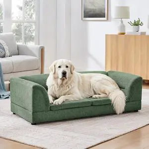 Elevated Large Dog Bed with 2 Removable Cushion, Olive Green | Raised Pet Sofa with Washable Cushion Cover, Furniture Style Linen Fabric Dog Couch for Large Dogs, 100lbs Load Capacity Elevated Large Dog Bed with 2 Removable Cushion, Olive Green | Raised Pet Sofa with Washable Cushion Cover, Furniture Style Linen Fabric Dog Couch for Large Dogs, 100lbs Load Capacity