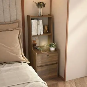 Tall Nightstand with Charging Station, 41" Walnut Bookshelf Nightstand with Night Light, Bed Bedside Tables with Shelves and Drawers for Bedroom, Dorm, Living Room, Wood Tall Nightstand with Charging Station, 41" Walnut Bookshelf Nightstand with Night Light, Bed Bedside Tables with Shelves and Drawers for Bedroom, Dorm, Living Room, Wood