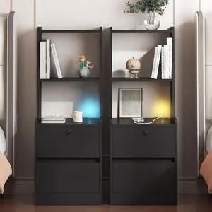 Tall Nightstand Nightstands Set of 2 with Charging Station, 41" Walnut Bookshelf Nightstand with Night Light, Bed Bedside Tables with Shelves and Drawers for Bedroom, Dorm, Living Room, Black Tall Nightstand Nightstands Set of 2 with Charging Station, 41" Walnut Bookshelf Nightstand with Night Light, Bed Bedside Tables with Shelves and Drawers for Bedroom, Dorm, Living Room, Black