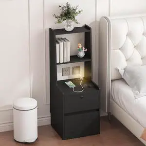 Tall Nightstand with Charging Station, 41" Walnut Bookshelf Nightstand with Night Light, Bed Bedside Tables with Shelves and Drawers for Bedroom, Dorm, Living Room, Black Tall Nightstand with Charging Station, 41" Walnut Bookshelf Nightstand with Night Light, Bed Bedside Tables with Shelves and Drawers for Bedroom, Dorm, Living Room, Black