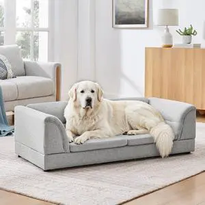 Elevated Large Dog Bed with 2 Removable Cushion, Light Gray | Raised Pet Sofa with Washable Cushion Cover, Furniture Style Linen Fabric Dog Couch for Large Dogs, 100lbs Load Capacity Elevated Large Dog Bed with 2 Removable Cushion, Light Gray | Raised Pet Sofa with Washable Cushion Cover, Furniture Style Linen Fabric Dog Couch for Large Dogs, 100lbs Load Capacity