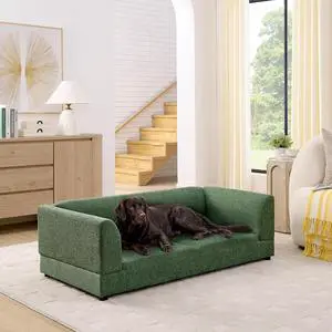 Elevated XL Dog Bed with Soft Tufted Backrest and Armrest, Olive Green | Raised Dog Couch for Large and X Large Dogs, Linen Upholstered Comfy Pet Furniture with Legs, 120lbs Weight Capacity Elevated XL Dog Bed with Soft Tufted Backrest and Armrest, Olive Green | Raised Dog Couch for Large and X Large Dogs, Linen Upholstered Comfy Pet Furniture with Legs, 120lbs Weight Capacity