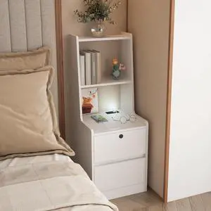 Tall Nightstand with Charging Station, 41" Walnut Bookshelf Nightstand with Night Light, Bed Bedside Tables with Shelves and Drawers for Bedroom, Dorm, Living Room, White Tall Nightstand with Charging Station, 41" Walnut Bookshelf Nightstand with Night Light, Bed Bedside Tables with Shelves and Drawers for Bedroom, Dorm, Living Room, White