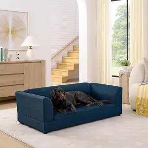 Elevated XL Dog Bed with Soft Tufted Backrest and Armrest, Dark Blue | Raised Dog Couch for Large and X Large Dogs, Linen Upholstered Comfy Pet Furniture with Legs, 120lbs Weight Capacity Elevated XL Dog Bed with Soft Tufted Backrest and Armrest, Dark Blue | Raised Dog Couch for Large and X Large Dogs, Linen Upholstered Comfy Pet Furniture with Legs, 120lbs Weight Capacity