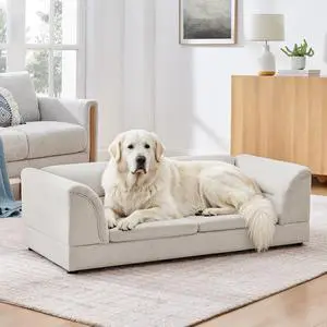 Elevated Large Dog Bed with 2 Removable Cushion, Beige | Raised Pet Sofa with Washable Cushion Cover, Furniture Style Linen Fabric Dog Couch for Large Dogs, 100lbs Load Capacity Elevated Large Dog Bed with 2 Removable Cushion, Beige | Raised Pet Sofa with Washable Cushion Cover, Furniture Style Linen Fabric Dog Couch for Large Dogs, 100lbs Load Capacity