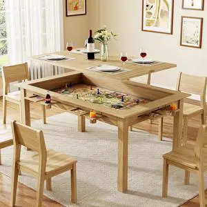 Board Game Table with Removable Top,63" Dining/Gaming Table, Oak | Seats 4 to 6 Players, Dual-Use Dining & Gaming Table, 53in x 31.5in Play Area, 6 Cup Holders & Trays, Game Mat Not Included Board Game Table with Removable Top,63" Dining/Gaming Table, Oak | Seats 4 to 6 Players, Dual-Use Dining & Gaming Table, 53in x 31.5in Play Area, 6 Cup Holders & Trays, Game Mat Not Included