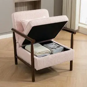 Storage Armchair with Wide Seat, Mid Century Single Accent Chair with Wooden Armrest, Corduroy Upholstered Living Room Reading Chair with Waist Cushion for Apartment, Bedroom, Sunroom, Light Pink Storage Armchair with Wide Seat, Mid Century Single Accent Chair with Wooden Armrest, Corduroy Upholstered Living Room Reading Chair with Waist Cushion for Apartment, Bedroom, Sunroom, Light Pink