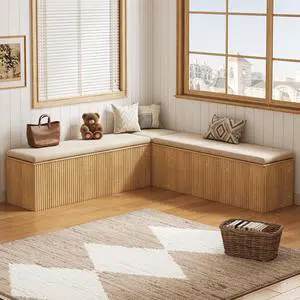 Breakfast Nook Bench, L Shaped Storage Bench with Cushion, Natural | Fluted Kitchen Corner Dining Bench with Hidden Storage for Dining Room, Entryway, Cloakroom Breakfast Nook Bench, L Shaped Storage Bench with Cushion, Natural | Fluted Kitchen Corner Dining Bench with Hidden Storage for Dining Room, Entryway, Cloakroom