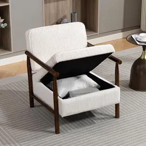 Storage Armchair with Wide Seat, Mid Century Single Accent Chair with Wooden Armrest, Corduroy Upholstered Living Room Reading Chair with Waist Cushion for Apartment, Bedroom, Sunroom, Antique White Storage Armchair with Wide Seat, Mid Century Single Accent Chair with Wooden Armrest, Corduroy Upholstered Living Room Reading Chair with Waist Cushion for Apartment, Bedroom, Sunroom, Antique White