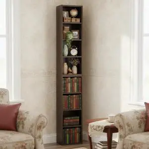 8-Tier Tall Sling Bookshelf, Narrow DVD Display Shelf, CD Tower Rack, Cube Storage Organizer with Adjustable Shelves, Double-Decker Bookcase for Home Office Decor, Walnut 8-Tier Tall Sling Bookshelf, Narrow DVD Display Shelf, CD Tower Rack, Cube Storage Organizer with Adjustable Shelves, Double-Decker Bookcase for Home Office Decor, Walnut
