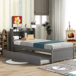 Twin Trundle Bed with Bookcase, Wood Platform Single Bed Frame with Trundle and Storage Headboard, Solid Wooden Slat Support, Bedroom Furniture, Grey Twin Trundle Bed with Bookcase, Wood Platform Single Bed Frame with Trundle and Storage Headboard, Solid Wooden Slat Support, Bedroom Furniture, Grey