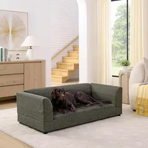 Elevated XL Dog Bed with Soft Tufted Backrest and Armrest, Dark Gray | Raised Dog Couch for Large and X Large Dogs, Linen Upholstered Comfy Pet Furniture with Legs, 120lbs Weight Capacity Elevated XL Dog Bed with Soft Tufted Backrest and Armrest, Dark Gray | Raised Dog Couch for Large and X Large Dogs, Linen Upholstered Comfy Pet Furniture with Legs, 120lbs Weight Capacity