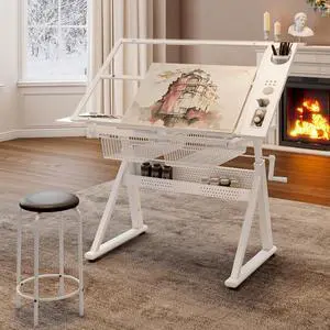 Height Adjustable Drafting Table with Glass Top, Drawers, Stool, White | Hand Crank Adjustable Drawing Desk with Tiltable Tempered Glass Top, Metal Storage Drawers for Diamond Painting, Craft DIY Height Adjustable Drafting Table with Glass Top, Drawers, Stool, White | Hand Crank Adjustable Drawing Desk with Tiltable Tempered Glass Top, Metal Storage Drawers for Diamond Painting, Craft DIY