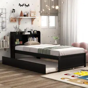 Twin Trundle Bed with Bookcase, Wood Platform Single Bed Frame with Trundle and Storage Headboard, Solid Wooden Slat Support, Bedroom Furniture, Espresso Twin Trundle Bed with Bookcase, Wood Platform Single Bed Frame with Trundle and Storage Headboard, Solid Wooden Slat Support, Bedroom Furniture, Espresso