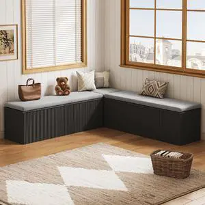 Breakfast Nook Bench, L Shaped Storage Bench with Cushion, Black | Fluted Kitchen Corner Dining Bench with Hidden Storage for Dining Room, Entryway, Cloakroom Breakfast Nook Bench, L Shaped Storage Bench with Cushion, Black | Fluted Kitchen Corner Dining Bench with Hidden Storage for Dining Room, Entryway, Cloakroom