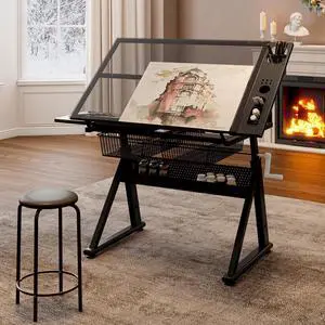 Height Adjustable Drafting Table with Glass Top, Drawers, Stool, Black | Hand Crank Adjustable Drawing Desk with Tiltable Tempered Glass Top, Metal Storage Drawers for Diamond Painting, Craft DIY Height Adjustable Drafting Table with Glass Top, Drawers, Stool, Black | Hand Crank Adjustable Drawing Desk with Tiltable Tempered Glass Top, Metal Storage Drawers for Diamond Painting, Craft DIY