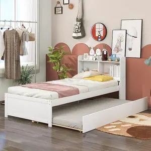 Twin Trundle Bed with Bookcase, Wood Platform Single Bed Frame with Trundle and Storage Headboard, Solid Wooden Slat Support, Bedroom Furniture, White Twin Trundle Bed with Bookcase, Wood Platform Single Bed Frame with Trundle and Storage Headboard, Solid Wooden Slat Support, Bedroom Furniture, White