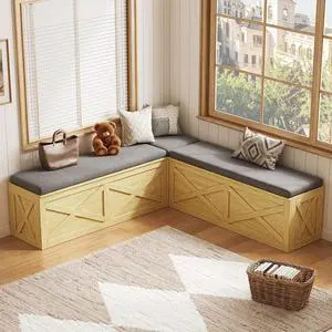 Breakfast Nook Bench, L Shaped Storage Bench with Cushion, Natural | Farmhouse Kitchen Corner Dining Bench with Hidden Storage for Dining Room, Entryway, Cloakroom Breakfast Nook Bench, L Shaped Storage Bench with Cushion, Natural | Farmhouse Kitchen Corner Dining Bench with Hidden Storage for Dining Room, Entryway, Cloakroom