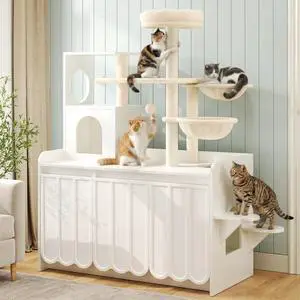 Litter Box Enclosure with Cat Tree, 2 in 1 Hidden Litter Box Furniture with Door and Side Access, 50.6" Cat Tower with Sisal Scratching Post and Storage Space, Modern Cat House with Hammock, White Litter Box Enclosure with Cat Tree, 2 in 1 Hidden Litter Box Furniture with Door and Side Access, 50.6" Cat Tower with Sisal Scratching Post and Storage Space, Modern Cat House with Hammock, White