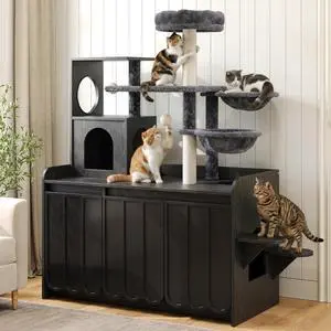 Litter Box Enclosure with Cat Tree, 2 in 1 Hidden Litter Box Furniture with Door and Side Access, 50.6" Cat Tower with Sisal Scratching Post and Storage Space, Modern Cat House with Hammock, Black Litter Box Enclosure with Cat Tree, 2 in 1 Hidden Litter Box Furniture with Door and Side Access, 50.6" Cat Tower with Sisal Scratching Post and Storage Space, Modern Cat House with Hammock, Black