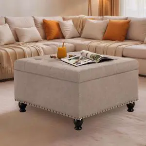 Large Square Storage Ottoman with Wooden Legs, Button-Tufted Upholstered Coffee Table with Nail Trims for Living Room, Multi-Functional Footrest and Extra Stool Large Square Storage Ottoman with Wooden Legs, Button-Tufted Upholstered Coffee Table with Nail Trims for Living Room, Multi-Functional Footrest and Extra Stool