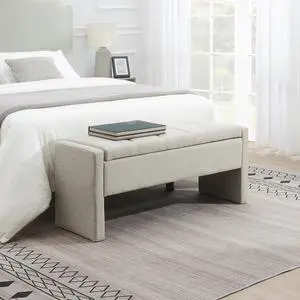 Modern End of Bed Bench, Linen Upholstered Storage Ottoman, Comfy Window Bench, Large Entryway Footstool, Sofa Side Footrest for Living Room, Bedroom, Dorm, Light Grey Modern End of Bed Bench, Linen Upholstered Storage Ottoman, Comfy Window Bench, Large Entryway Footstool, Sofa Side Footrest for Living Room, Bedroom, Dorm, Light Grey