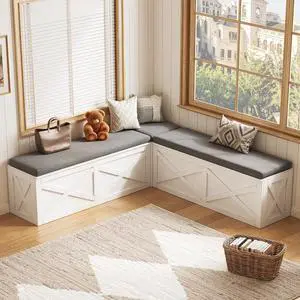 Breakfast Nook Bench, L Shaped Storage Bench with Cushion, White | Farmhouse Kitchen Corner Dining Bench with Hidden Storage for Dining Room, Entryway, Cloakroom Breakfast Nook Bench, L Shaped Storage Bench with Cushion, White | Farmhouse Kitchen Corner Dining Bench with Hidden Storage for Dining Room, Entryway, Cloakroom