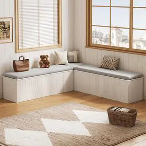 Breakfast Nook Bench, L Shaped Storage Bench with Cushion, White | Fluted Kitchen Corner Dining Bench with Hidden Storage for Dining Room, Entryway, Cloakroom Breakfast Nook Bench, L Shaped Storage Bench with Cushion, White | Fluted Kitchen Corner Dining Bench with Hidden Storage for Dining Room, Entryway, Cloakroom