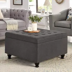 Large Square Storage Ottoman with Wooden Legs, Button-Tufted Upholstered Coffee Table with Nail Trims for Living Room, Multi-Functional Footrest and Extra Stool Large Square Storage Ottoman with Wooden Legs, Button-Tufted Upholstered Coffee Table with Nail Trims for Living Room, Multi-Functional Footrest and Extra Stool