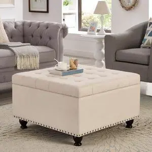 Large Square Storage Ottoman with Wooden Legs, Button-Tufted Upholstered Coffee Table with Nail Trims for Living Room, Multi-Functional Footrest and Extra Stool Large Square Storage Ottoman with Wooden Legs, Button-Tufted Upholstered Coffee Table with Nail Trims for Living Room, Multi-Functional Footrest and Extra Stool