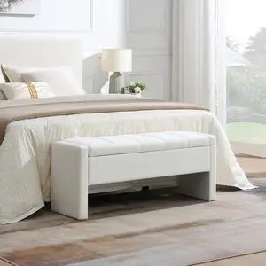 Modern End of Bed Bench, Linen Upholstered Storage Ottoman, Comfy Window Bench, Large Entryway Footstool, Sofa Side Footrest for Living Room, Bedroom, Dorm, Beige Modern End of Bed Bench, Linen Upholstered Storage Ottoman, Comfy Window Bench, Large Entryway Footstool, Sofa Side Footrest for Living Room, Bedroom, Dorm, Beige
