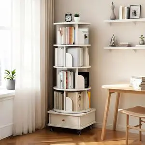 4 Tier Corner Bookshelf with Drawer, 360° Rotating Tall Bookcase with Side Panels, Movable Round Display Shelf with Wheel, Storage Tower Rack for Bedroom, Living Room, Small Space, Office, White 4 Tier Corner Bookshelf with Drawer, 360° Rotating Tall Bookcase with Side Panels, Movable Round Display Shelf with Wheel, Storage Tower Rack for Bedroom, Living Room, Small Space, Office, White