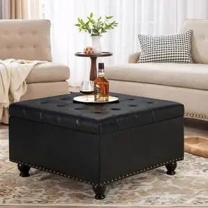 Large Square Storage Ottoman with Wooden Legs, Button-Tufted Upholstered Coffee Table with Nail Trims for Living Room, Multi-Functional Footrest and Extra Stool Large Square Storage Ottoman with Wooden Legs, Button-Tufted Upholstered Coffee Table with Nail Trims for Living Room, Multi-Functional Footrest and Extra Stool