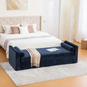 88.5" End of Bed Bench with Hidden Foot, Extra Large Couch Ottoman with Armrest, Chenille Upholstered Chaise Lounge with Rolled Pillows, Footstool For Living Room, Entryway, Dormitory, Bedroom, Navy 88.5" End of Bed Bench with Hidden Foot, Extra Large Couch Ottoman with Armrest, Chenille Upholstered Chaise Lounge with Rolled Pillows, Footstool For Living Room, Entryway, Dormitory, Bedroom, Navy