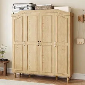 71" H Arched Armoire Wardrobe Closet with 4 Doors, Wooden, Natural | Large Capacity Wardrobe Cabinet with 2 Hanging Rods and 9 Shelves,Freestanding Armoire Storage Cabinet for Bedroom,Cloak Room 71" H Arched Armoire Wardrobe Closet with 4 Doors, Wooden, Natural | Large Capacity Wardrobe Cabinet with 2 Hanging Rods and 9 Shelves,Freestanding Armoire Storage Cabinet for Bedroom,Cloak Room