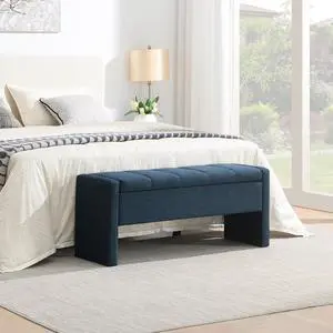 Modern End of Bed Bench, Linen Upholstered Storage Ottoman, Comfy Window Bench, Large Entryway Footstool, Sofa Side Footrest for Living Room, Bedroom, Dorm, Navy Blue Modern End of Bed Bench, Linen Upholstered Storage Ottoman, Comfy Window Bench, Large Entryway Footstool, Sofa Side Footrest for Living Room, Bedroom, Dorm, Navy Blue