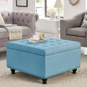 Large Square Storage Ottoman with Wooden Legs, Button-Tufted Upholstered Coffee Table with Nail Trims for Living Room, Multi-Functional Footrest and Extra Stool Large Square Storage Ottoman with Wooden Legs, Button-Tufted Upholstered Coffee Table with Nail Trims for Living Room, Multi-Functional Footrest and Extra Stool