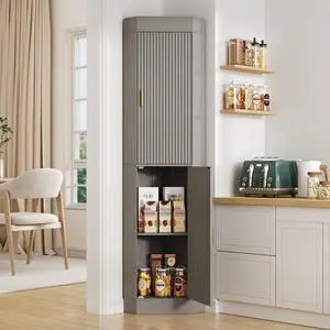 70.3" Tall Corner Cabinet with 2 Fluted Doors, Grey | 4-Tier Corner Storage Cabinet with 2 Adjustable Shelves, Corner Bathroom Cabinet for Living Room, Kitchen, Bathroom 70.3" Tall Corner Cabinet with 2 Fluted Doors, Grey | 4-Tier Corner Storage Cabinet with 2 Adjustable Shelves, Corner Bathroom Cabinet for Living Room, Kitchen, Bathroom