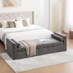 88.5" End of Bed Bench with Hidden Foot, Extra Large Couch Ottoman with Armrest, Chenille Upholstered Chaise Lounge with Rolled Pillows, Footstool For Living Room, Entryway, Dormitory, Bedroom, Gray 88.5" End of Bed Bench with Hidden Foot, Extra Large Couch Ottoman with Armrest, Chenille Upholstered Chaise Lounge with Rolled Pillows, Footstool For Living Room, Entryway, Dormitory, Bedroom, Gray