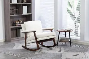 Mid Century Accent Rocking Chair with Removable Cushion, Retractable Living Room Glider Chair with Wood Frame, Washable Cushion Cover, Teddy Upholstered Reading Armchair for Bedroom Sunroom, White Mid Century Accent Rocking Chair with Removable Cushion, Retractable Living Room Glider Chair with Wood Frame, Washable Cushion Cover, Teddy Upholstered Reading Armchair for Bedroom Sunroom, White