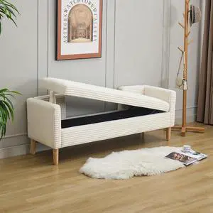 64.7"Storage Bench with End Lift Cover, Corduroy Upholstered End of Bed Bench, Ottoman with Armrests&Backrest, Foot Stool with 2 Rolled Pillows,Wood Legs for Living Room, Entryway, Bedroom, Ivory 64.7"Storage Bench with End Lift Cover, Corduroy Upholstered End of Bed Bench, Ottoman with Armrests&Backrest, Foot Stool with 2 Rolled Pillows,Wood Legs for Living Room, Entryway, Bedroom, Ivory