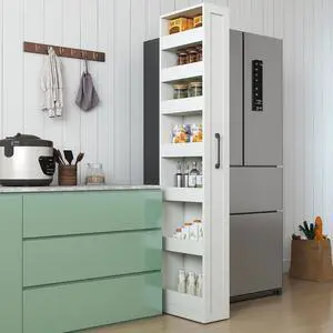 7 Tier Slim Storage Cart with Hidden Wheels, Single-sided of Fridge Slim Storage Cart, Pull Out Spice Rack, Narrow Pantry Open Shelf Snack Organizer for Kitchen, Living Room, Small Spaces, White 7 Tier Slim Storage Cart with Hidden Wheels, Single-sided of Fridge Slim Storage Cart, Pull Out Spice Rack, Narrow Pantry Open Shelf Snack Organizer for Kitchen, Living Room, Small Spaces, White