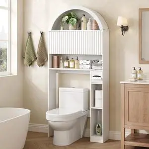 31" W Arched Over The Toilet Storage Cabinet, Fluted Doors, White | Over Toilet Bathroom Organizer with Doors, Bathroom Storage Cabinet with Toilet Paper Holder and Anti-Tipping Device 31" W Arched Over The Toilet Storage Cabinet, Fluted Doors, White | Over Toilet Bathroom Organizer with Doors, Bathroom Storage Cabinet with Toilet Paper Holder and Anti-Tipping Device