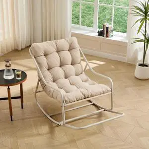 Outdoor Patio Rocking Chair with Removable Cushion, Armless Accent Lounge Chair with Soft Staple Fiber Cushion, Metal Frame and Footrest for Living Room, Bedroom, Reading Room, Beige Outdoor Patio Rocking Chair with Removable Cushion, Armless Accent Lounge Chair with Soft Staple Fiber Cushion, Metal Frame and Footrest for Living Room, Bedroom, Reading Room, Beige